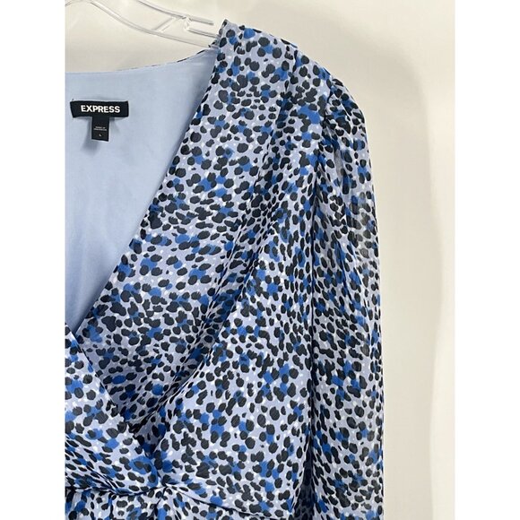 Express Blue Gray Faux Wrap Top Sz Large Animal Print V Neck Long Sleeve - Picture 2 of 5